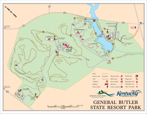 Map of General Butler State Resort Park in Kentucky, showing trails, facilities, and recreational areas.