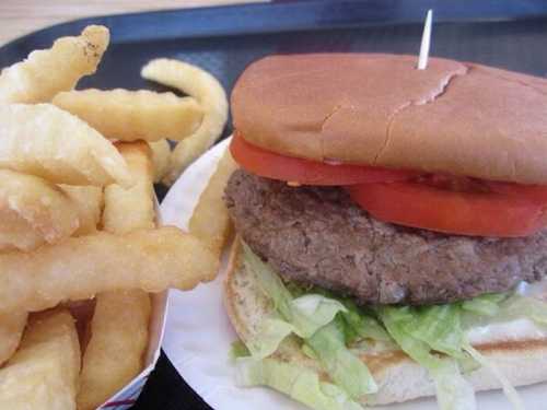 A close-up of a hamburger with lettuce and tomato, served with a side of crinkly fries on a tray.