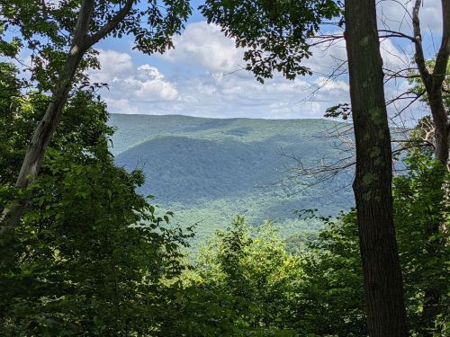 A scenic view of green mountains under a partly cloudy sky, framed by trees in the foreground.