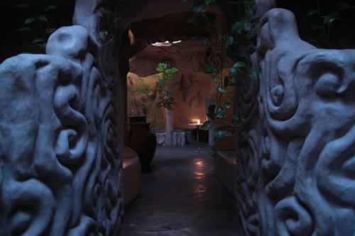 A dimly lit corridor with textured, sculpted walls and greenery, leading to a serene, inviting space.