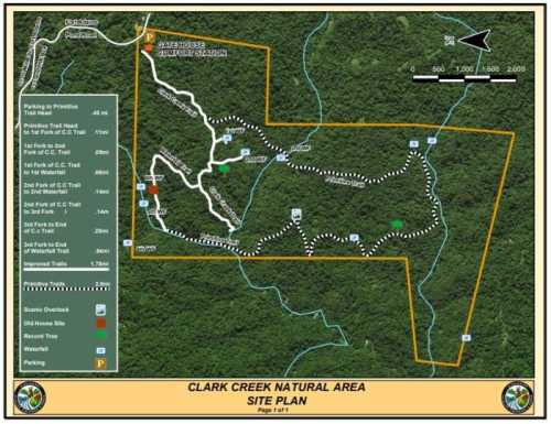 Map of Clark Creek Natural Area, showing trails, parking, and key features in a forested area.