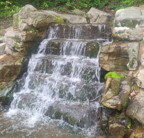 A small waterfall cascades over rocky steps, surrounded by greenery and moss.