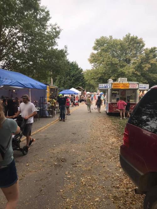 A bustling outdoor market scene with food stalls and people walking along a tree-lined path.