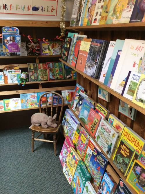 A cozy bookstore corner with shelves of colorful children's books and a wooden chair with a decorative animal figure.
