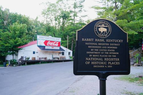 Historic sign for Rabbit Hash, Kentucky, with a general store in the background, surrounded by trees.