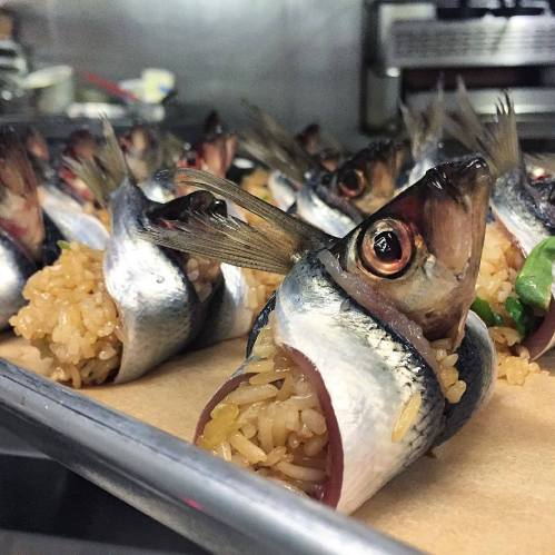 A close-up of sushi featuring fish heads on rice, arranged neatly on a tray in a kitchen setting.