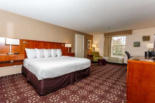 A spacious hotel room featuring a large bed, desk, armchair, and window with natural light.