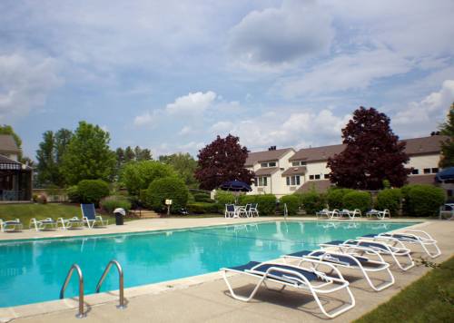 A clear swimming pool surrounded by lounge chairs and green trees under a partly cloudy sky.
