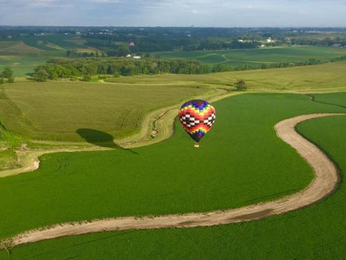A colorful hot air balloon floats over lush green fields and winding paths under a clear blue sky.