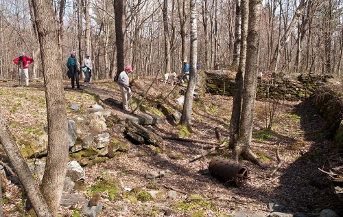 A group of people exploring a wooded area with stone ruins and an old metal object on the ground.