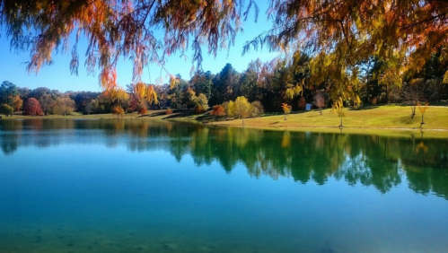 A serene lake surrounded by colorful autumn trees and clear blue skies, reflecting the vibrant scenery.