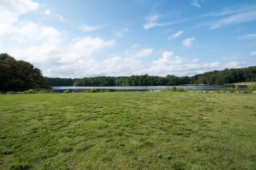 A serene lake surrounded by lush greenery under a blue sky with scattered clouds.
