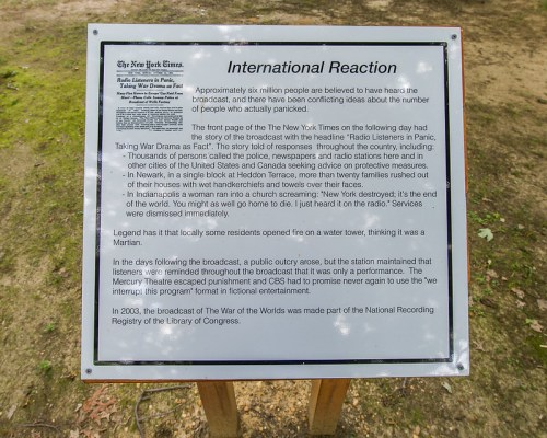 A sign detailing the public's reaction to the "War of the Worlds" broadcast by CBS in 1938.
