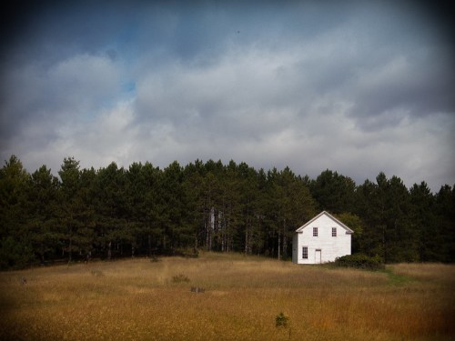 A solitary white house stands in a grassy field, surrounded by a dense forest under a cloudy sky.