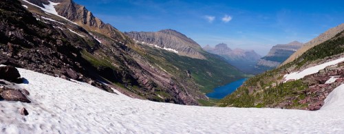 A panoramic view of snow-capped mountains surrounding a serene blue lake in a lush valley under a clear blue sky.