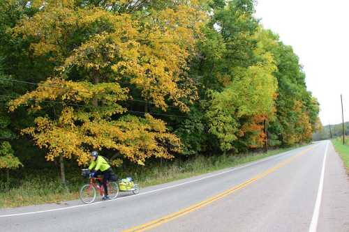 A cyclist rides along a quiet road lined with trees displaying autumn colors.