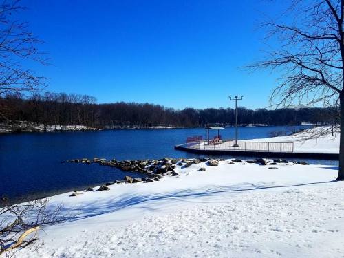 A serene winter scene featuring a snowy shoreline, calm blue water, and a clear blue sky.