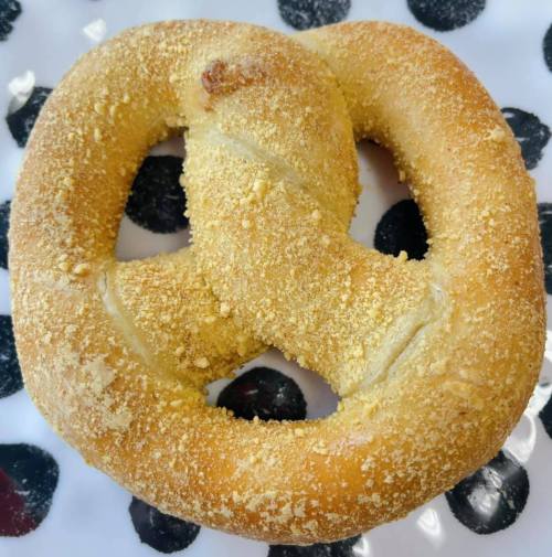 A golden-brown pretzel coated with coarse salt, resting on a patterned plate.