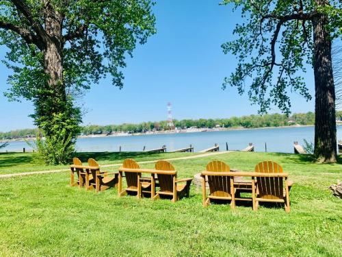 Five wooden chairs facing a calm lake, surrounded by green grass and trees under a clear blue sky.