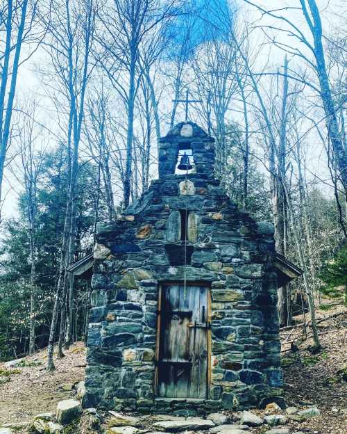 A small stone chapel surrounded by bare trees in a wooded area, featuring a wooden door and a bell tower.