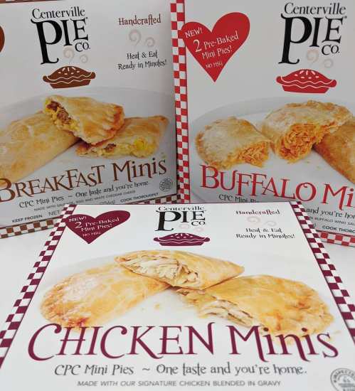 Three boxes of Centerville Pie Co. mini pies: Breakfast, Buffalo, and Chicken, showcasing their handcrafted, pre-baked options.