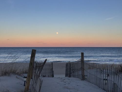 A serene beach scene at dusk, with a path leading to the ocean and a full moon rising over the horizon.