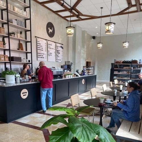 A cozy café interior with customers seated, a barista at the counter, and plants adding greenery to the space.