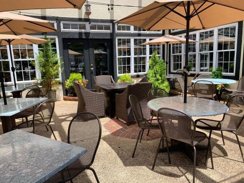 Outdoor dining area with tables and chairs under umbrellas, surrounded by greenery and large windows.