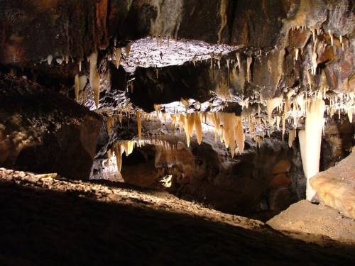 Stalactites and stalagmites in a dimly lit cave, showcasing natural rock formations and textures.