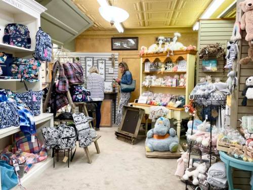 A cozy shop filled with various bags, plush toys, and gifts, with a customer browsing the merchandise.