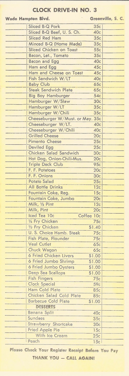 Menu from Clock Drive-In No. 3 in Greenville, SC, featuring various sandwiches, burgers, and breakfast items with prices.