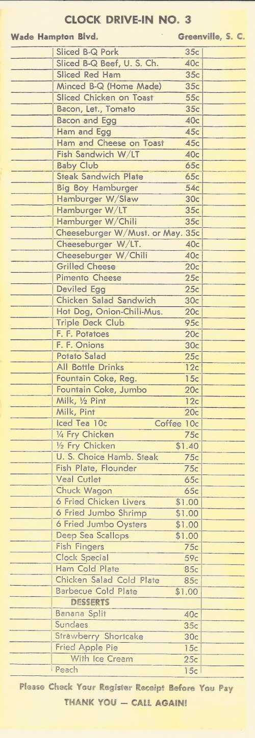 Menu from Clock Drive-In No. 3 in Greenville, SC, featuring various sandwiches, burgers, and breakfast items with prices.