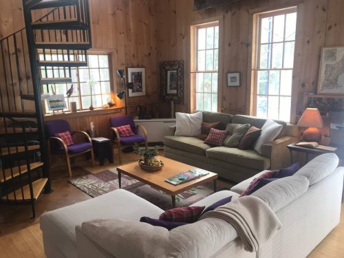 Cozy living room with wooden walls, spiral staircase, and comfortable seating, featuring plants and decorative pillows.