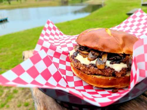 A juicy burger with mushrooms and cheese on a toasted bun, served in a basket with red and white checkered paper by a lake.