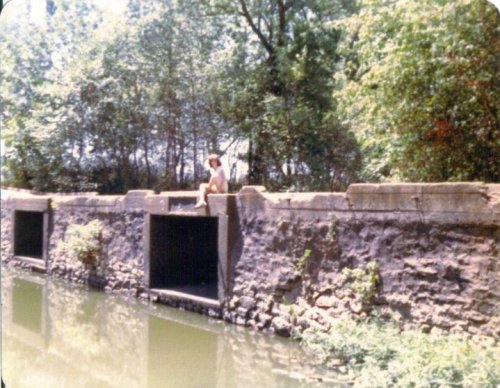 A person sits on a stone wall by a greenish canal, surrounded by trees and overgrown vegetation.