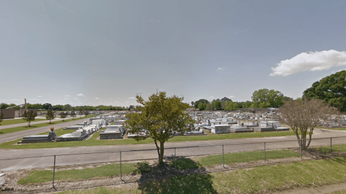 A wide view of a cemetery with numerous gravestones, surrounded by trees and a fence under a clear sky.