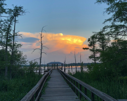 A wooden walkway leads to a gazebo by a lake, with vibrant clouds and trees reflecting the sunset.