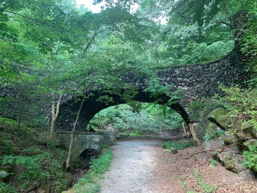 A stone arch bridge surrounded by lush greenery, with a gravel path leading through a serene forest.