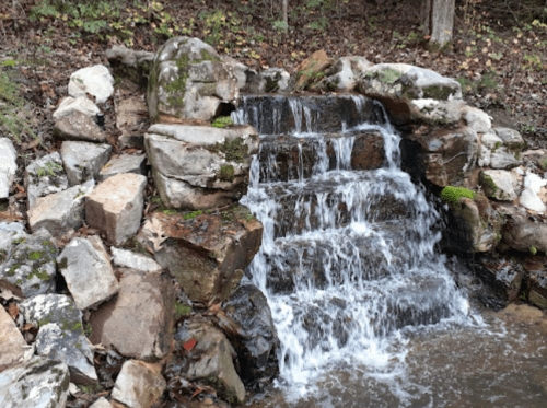A small waterfall cascades over rocks, surrounded by greenery and autumn leaves.
