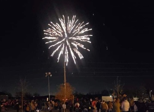 A crowd watches fireworks explode in the night sky, illuminating the dark with bright colors.