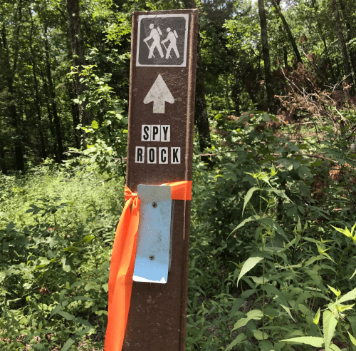 Trail sign with hiker symbol and "SPY ROCK" label, marked with an orange ribbon, surrounded by greenery.
