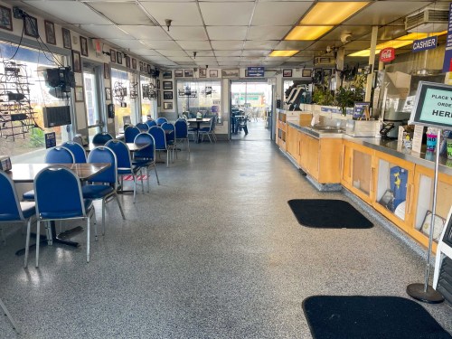 Interior of a diner featuring blue chairs, tables, a counter, and framed photos on the walls. Bright and inviting atmosphere.