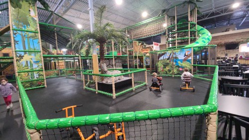 Children play on a colorful indoor jungle gym with slides, climbing structures, and palm trees.