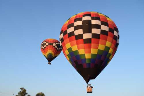 Two colorful hot air balloons in the sky, one larger with a checkered pattern and the other smaller with a rainbow design.