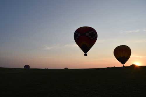 Two hot air balloons silhouetted against a sunset sky, with a grassy field and distant figures in the background.