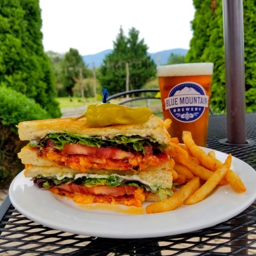 A delicious sandwich with lettuce, tomato, and a pickle, served with fries and a pint of beer on a patio.