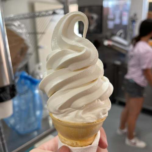 A hand holding a soft-serve ice cream cone with a swirl of creamy vanilla on top.