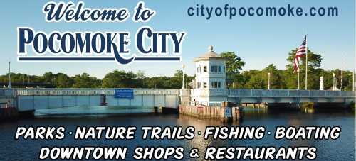 Welcome sign for Pocomoke City, featuring parks, nature trails, fishing, boating, and local shops and restaurants.