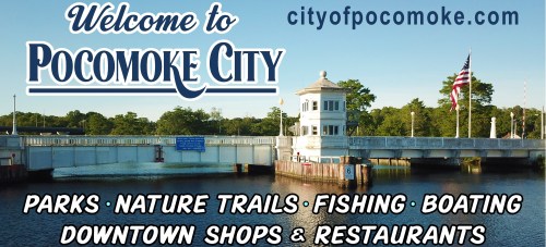 Welcome sign for Pocomoke City, featuring parks, nature trails, fishing, boating, and local shops and restaurants.