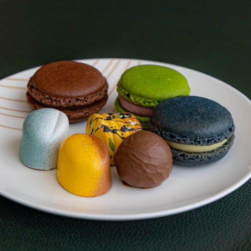A plate of colorful macarons and chocolate confections, featuring various shapes and designs.